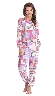 Abstract Print Full Length Top & Pyjama Set - White