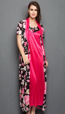 2 Pcs Printed Satin Nightwear In Black & Pink - Robe & Nightie