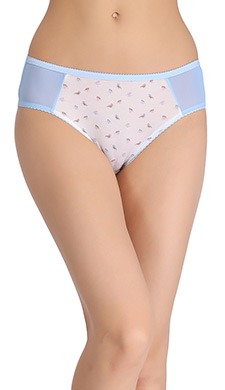 Cotton Printed Mid-Waist Bikini With Contrast Powernet Side Wings - White