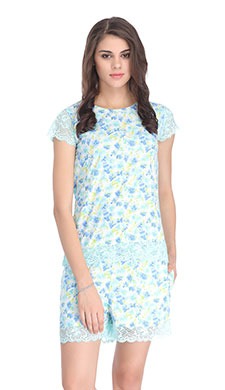Floral Print Shorts & Top Nightwear Set With Lace Hem & Sleeves - Green