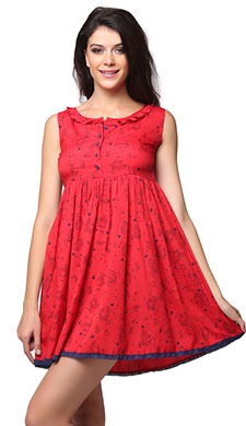 Short Printed Frilled Neck Nighty - Red