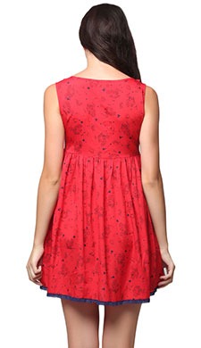 Short Printed Frilled Neck Nighty - Red