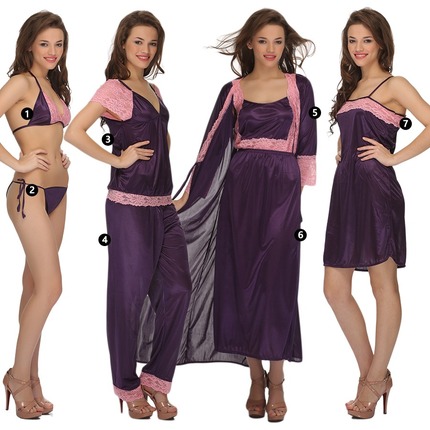 7 Pc Satin Nightwear Set - Purple