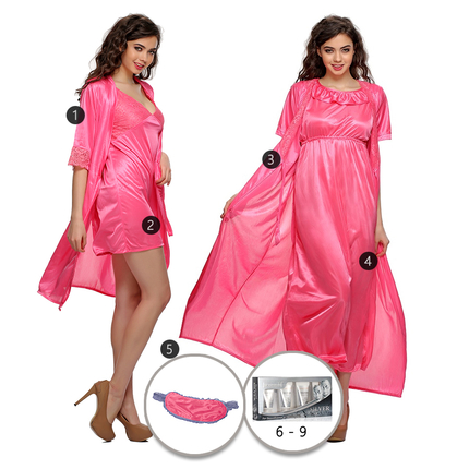 9 Pc Satin Nightwear Set - Pink