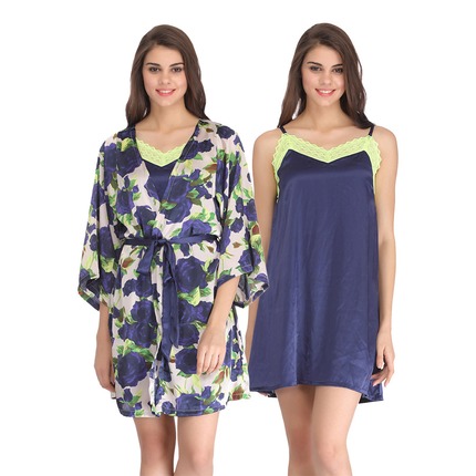 Lacy Neck Satin Nightie & Floral Robe Set - Blue