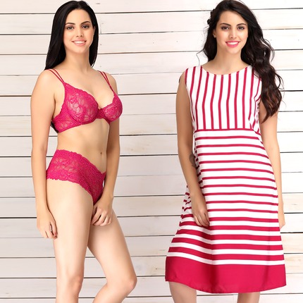 Set of Crepe Striped Beachdress & Lace Bra-Brief Set