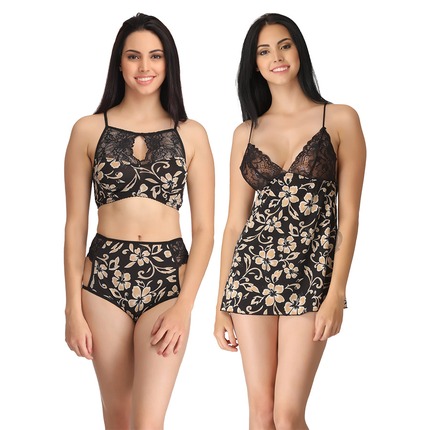 Set of Printed Babydoll with Thong & Bralette-Brief