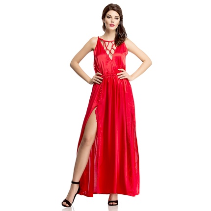 Sexy Satin Nightgown With Mesh Lace In Red